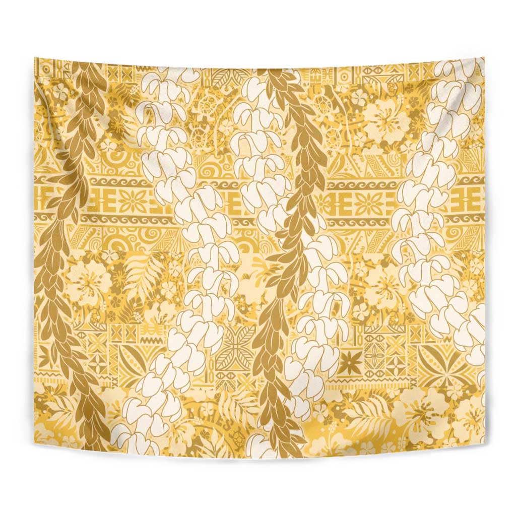 Gold Puakenikeni and Maile Lei Tapestry Hawaiian Style Tribal Tapa Double Strand Lei