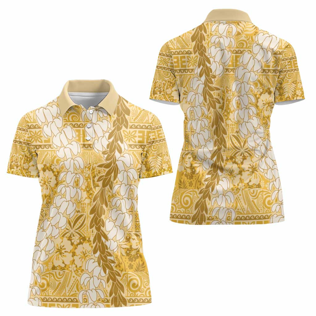 Gold Puakenikeni and Maile Lei Women Polo Shirt Hawaiian Style Tribal Tapa Double Strand Lei