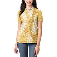 Gold Puakenikeni and Maile Lei Women Polo Shirt Hawaiian Style Tribal Tapa Double Strand Lei