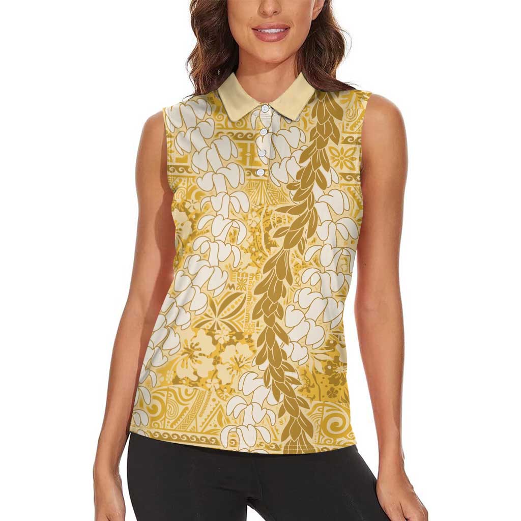 Gold Puakenikeni and Maile Lei Women Sleeveless Polo Shirt Hawaiian Style Tribal Tapa Double Strand Lei