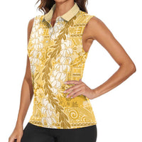 Gold Puakenikeni and Maile Lei Women Sleeveless Polo Shirt Hawaiian Style Tribal Tapa Double Strand Lei