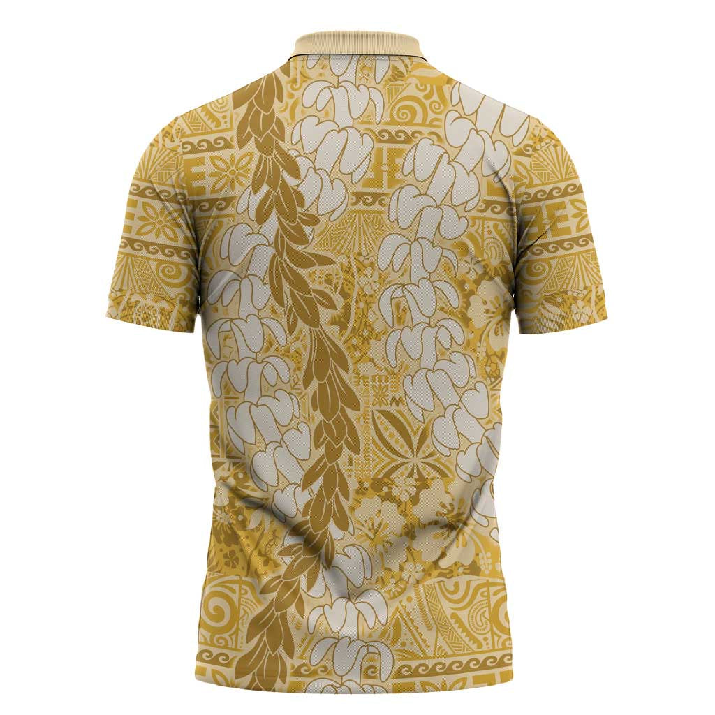 Gold Puakenikeni and Maile Lei Zipper Polo Shirt Hawaiian Style Tribal Tapa Double Strand Lei - Polynesian Pride
