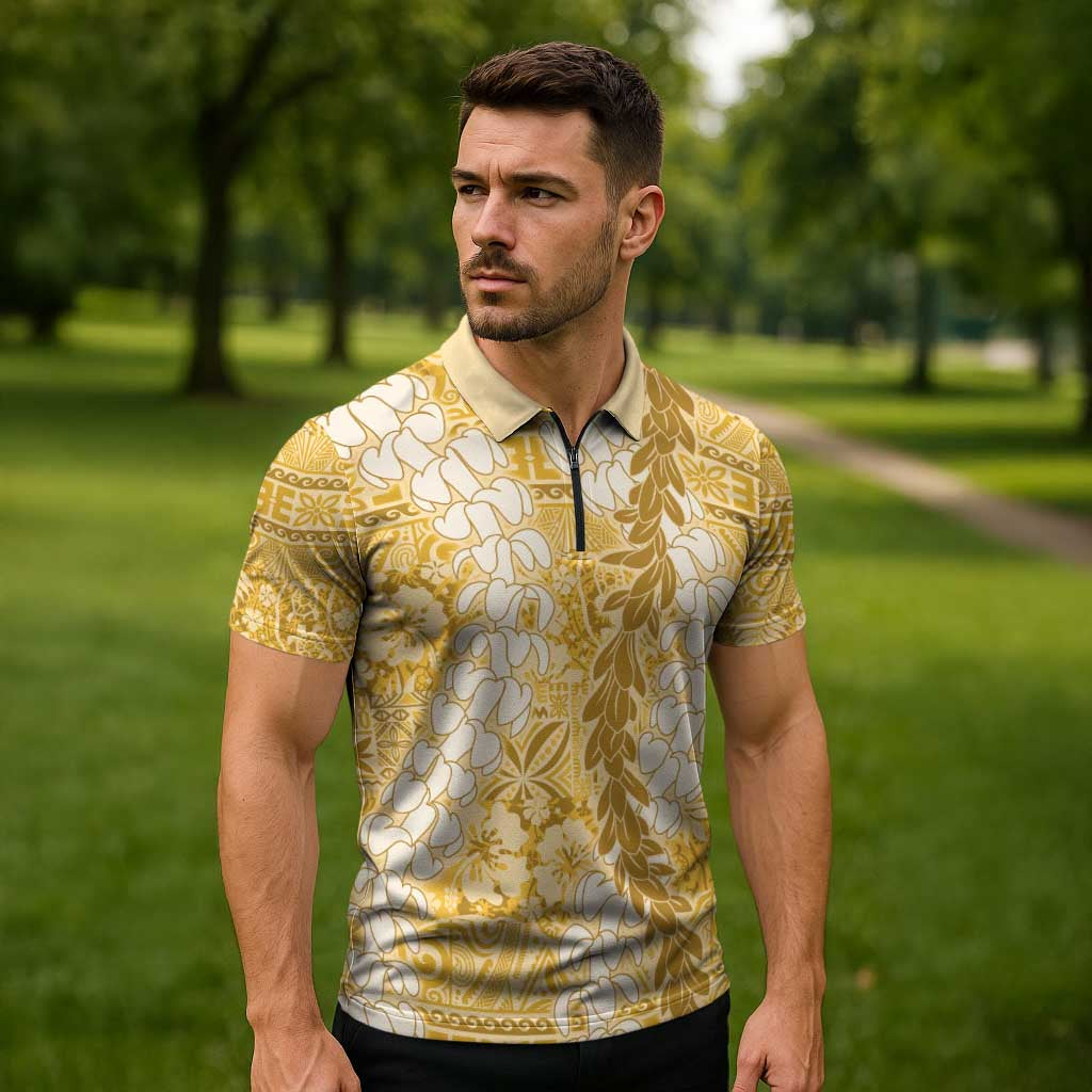 Gold Puakenikeni and Maile Lei Zipper Polo Shirt Hawaiian Style Tribal Tapa Double Strand Lei - Polynesian Pride