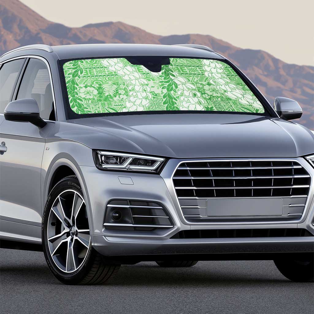 Green Puakenikeni and Maile Lei Auto Sun Shade Hawaiian Style Tribal Tapa Double Strand Lei - Polynesian Pride