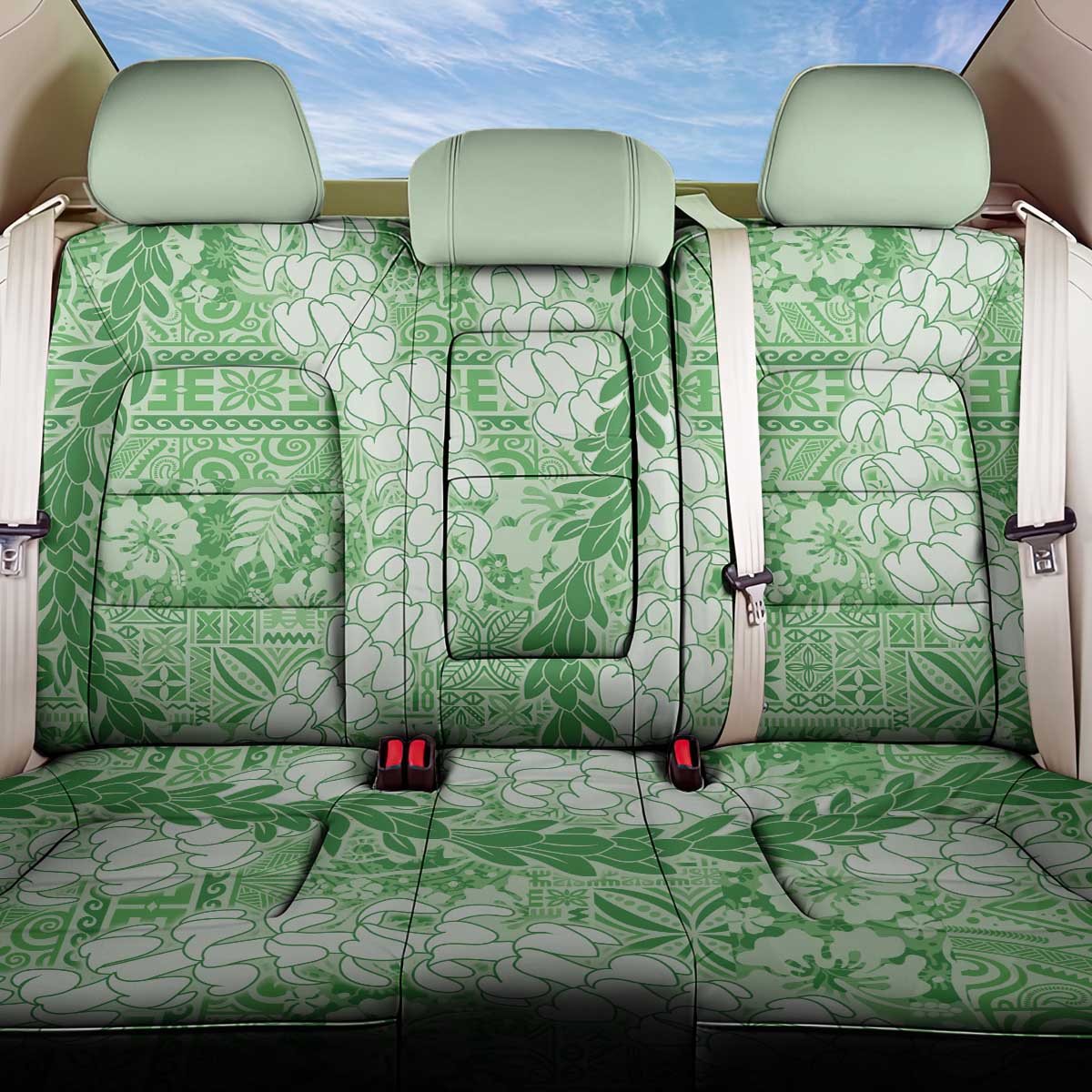 Green Puakenikeni and Maile Lei Back Car Seat Cover Hawaiian Style Tribal Tapa Double Strand Lei