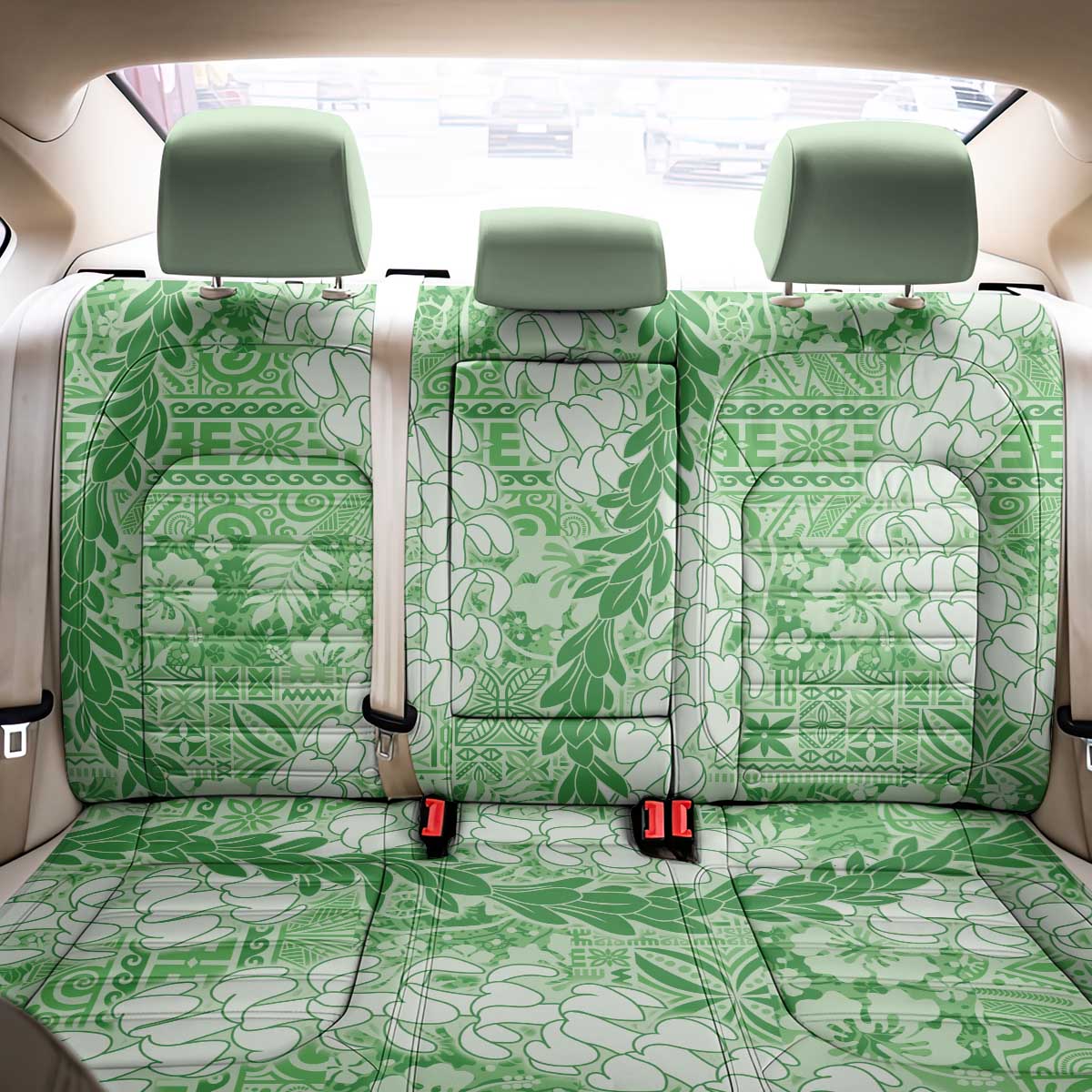 Green Puakenikeni and Maile Lei Back Car Seat Cover Hawaiian Style Tribal Tapa Double Strand Lei