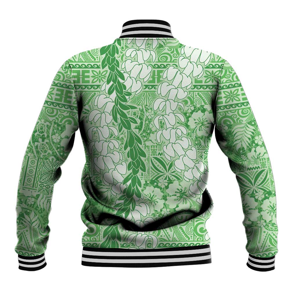 Green Puakenikeni and Maile Lei Baseball Jacket Hawaiian Style Tribal Tapa Double Strand Lei