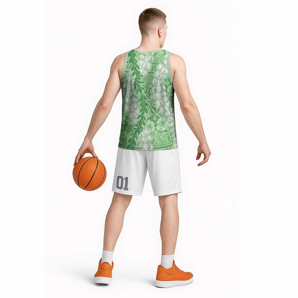 Green Puakenikeni and Maile Lei Basketball Jersey Hawaiian Style Tribal Tapa Double Strand Lei - Polynesian Pride
