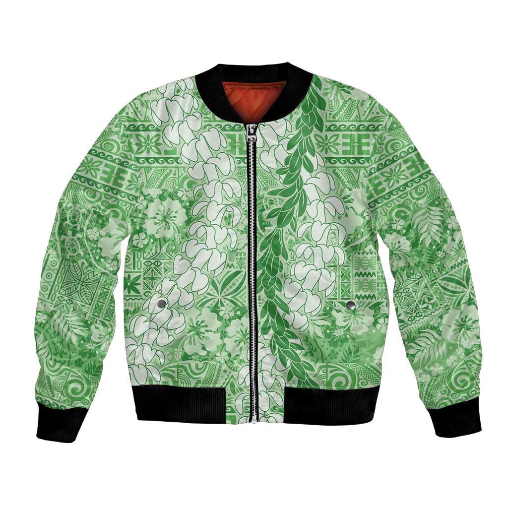 Green Puakenikeni and Maile Lei Bomber Jacket Hawaiian Style Tribal Tapa Double Strand Lei