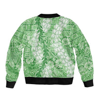 Green Puakenikeni and Maile Lei Bomber Jacket Hawaiian Style Tribal Tapa Double Strand Lei
