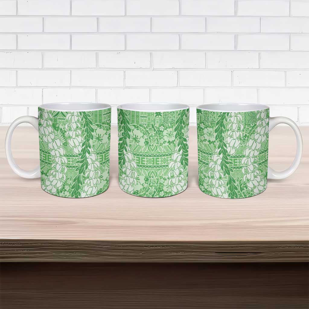 Green Puakenikeni and Maile Lei Ceramic Mug Hawaiian Style Tribal Tapa Double Strand Lei - Polynesian Pride