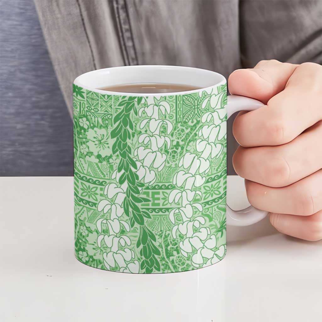 Green Puakenikeni and Maile Lei Ceramic Mug Hawaiian Style Tribal Tapa Double Strand Lei - Polynesian Pride