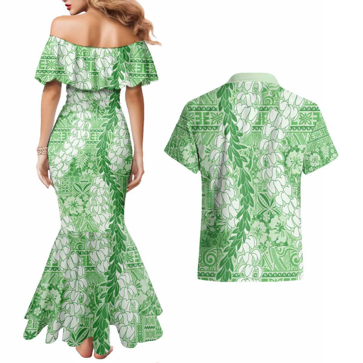 Green Puakenikeni and Maile Lei Couples Matching Mermaid Dress and Hawaiian Shirt Hawaiian Style Tribal Tapa Double Strand Lei