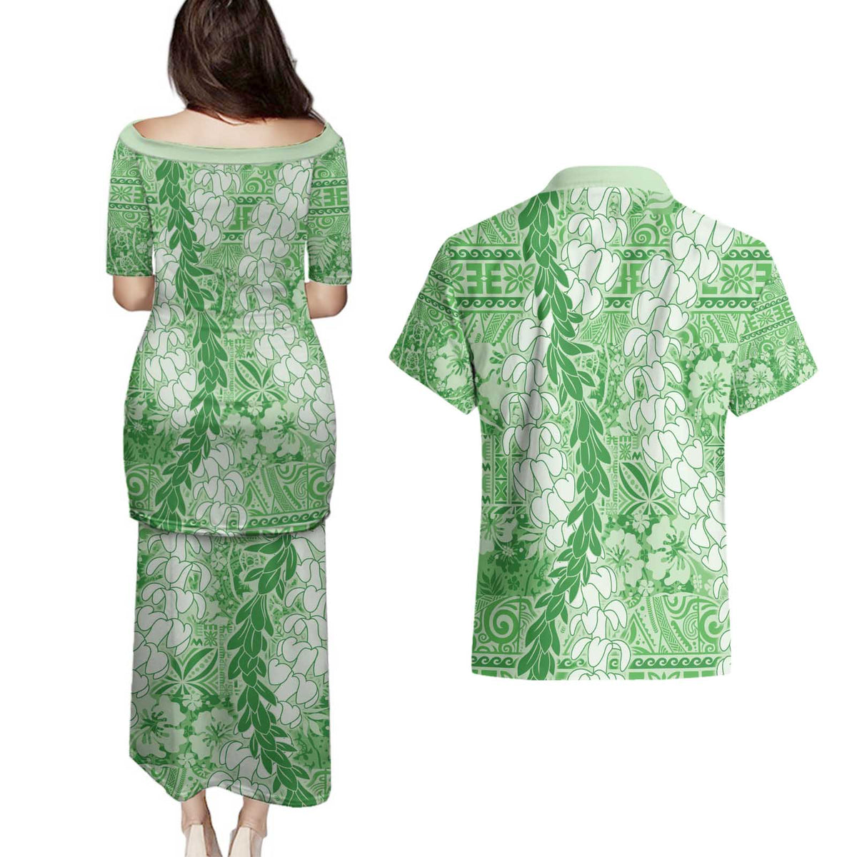 Green Puakenikeni and Maile Lei Couples Matching Puletasi and Hawaiian Shirt Hawaiian Style Tribal Tapa Double Strand Lei