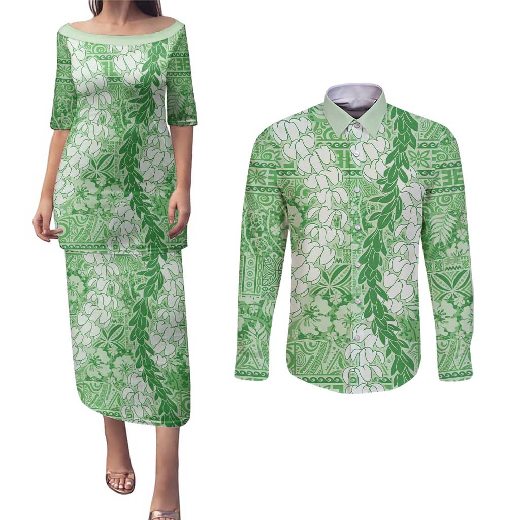 Green Puakenikeni and Maile Lei Couples Matching Puletasi and Long Sleeve Button Shirt Hawaiian Style Tribal Tapa Double Strand Lei