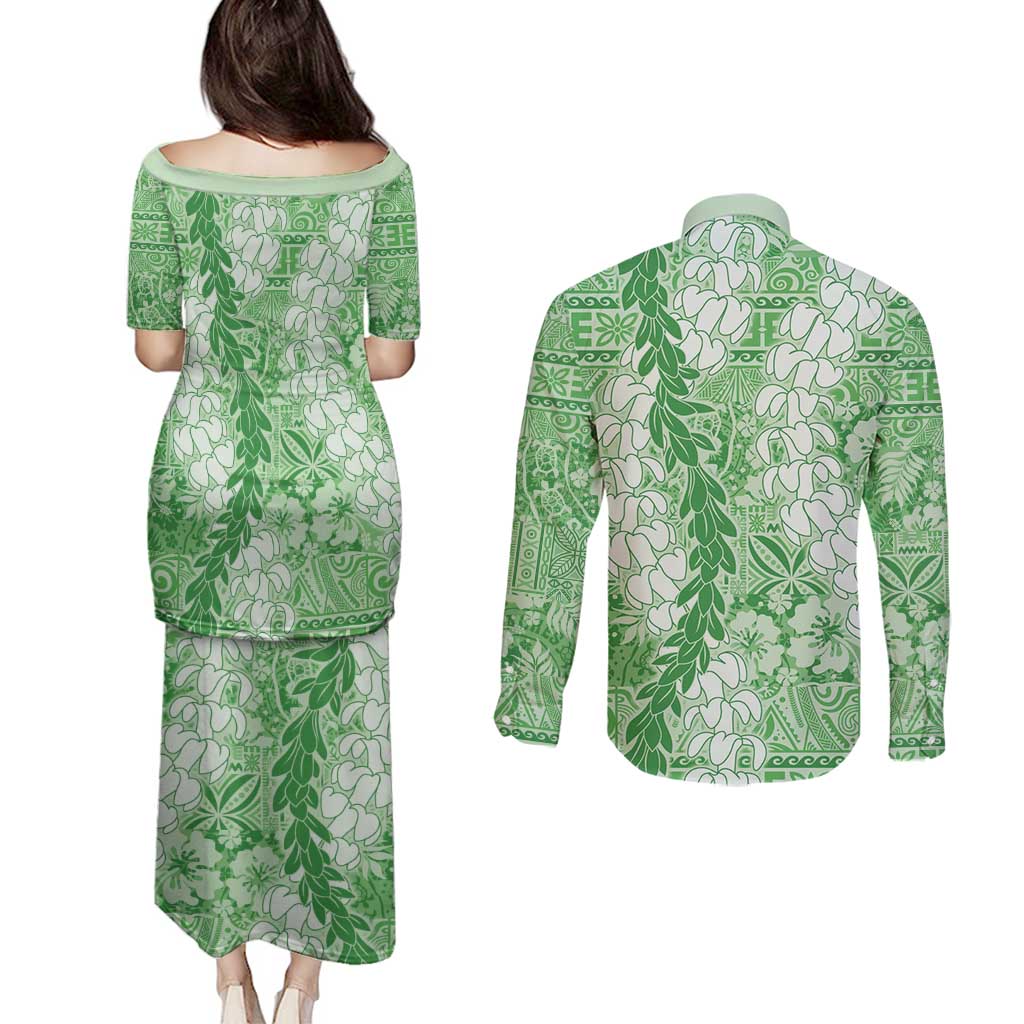 Green Puakenikeni and Maile Lei Couples Matching Puletasi and Long Sleeve Button Shirt Hawaiian Style Tribal Tapa Double Strand Lei
