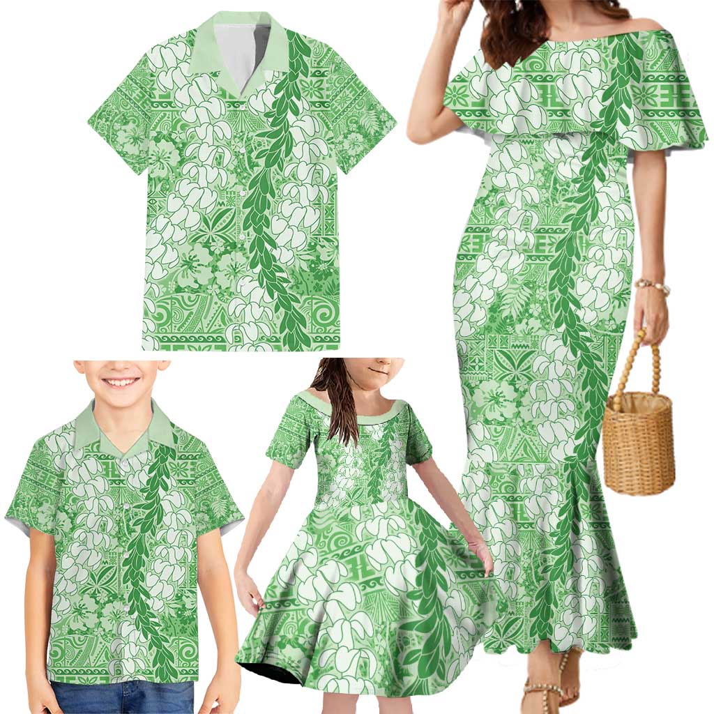 Green Puakenikeni and Maile Lei Family Matching Mermaid Dress and Hawaiian Shirt Hawaiian Style Tribal Tapa Double Strand Lei LT9 - Polynesian Pride