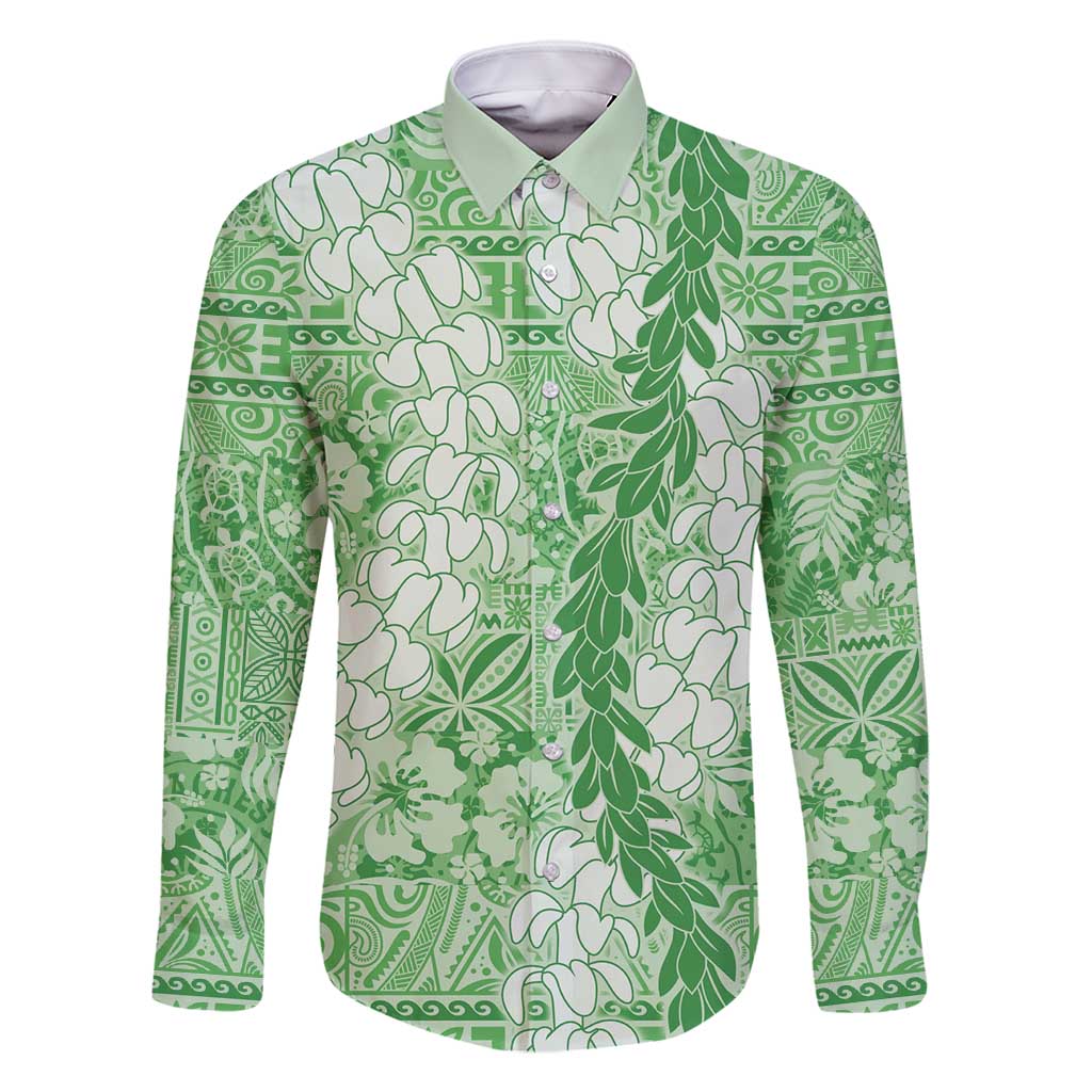 Green Puakenikeni and Maile Lei Family Matching Off Shoulder Maxi Dress and Hawaiian Shirt Hawaiian Style Tribal Tapa Double Strand Lei