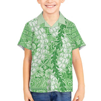 Green Puakenikeni and Maile Lei Family Matching Off Shoulder Maxi Dress and Hawaiian Shirt Hawaiian Style Tribal Tapa Double Strand Lei