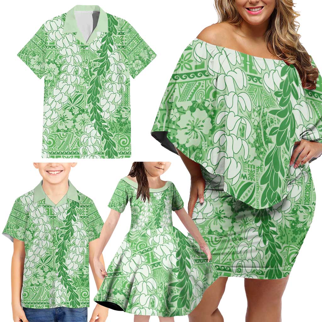 Green Puakenikeni and Maile Lei Family Matching Off Shoulder Short Dress and Hawaiian Shirt Hawaiian Style Tribal Tapa Double Strand Lei LT9 - Polynesian Pride