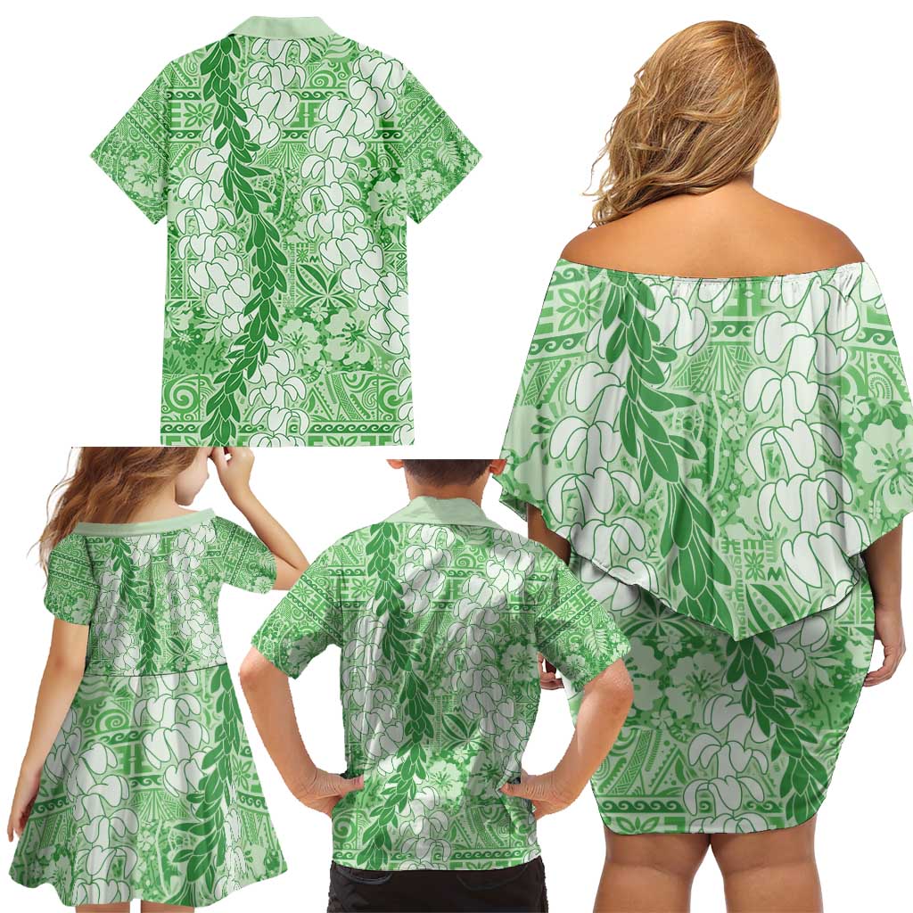 Green Puakenikeni and Maile Lei Family Matching Off Shoulder Short Dress and Hawaiian Shirt Hawaiian Style Tribal Tapa Double Strand Lei