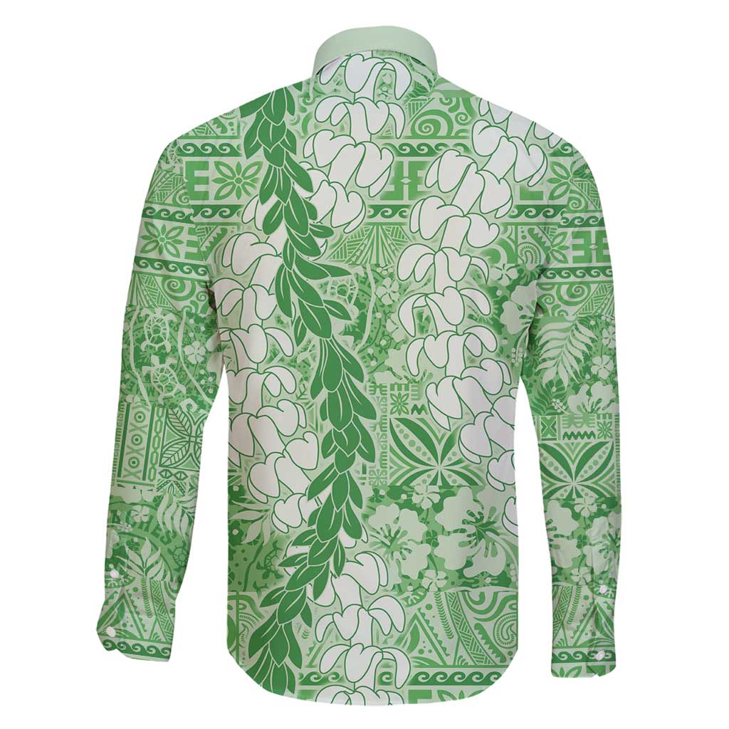 Green Puakenikeni and Maile Lei Family Matching Off Shoulder Short Dress and Hawaiian Shirt Hawaiian Style Tribal Tapa Double Strand Lei