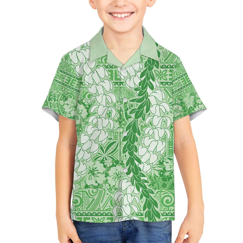 Green Puakenikeni and Maile Lei Family Matching Off Shoulder Short Dress and Hawaiian Shirt Hawaiian Style Tribal Tapa Double Strand Lei