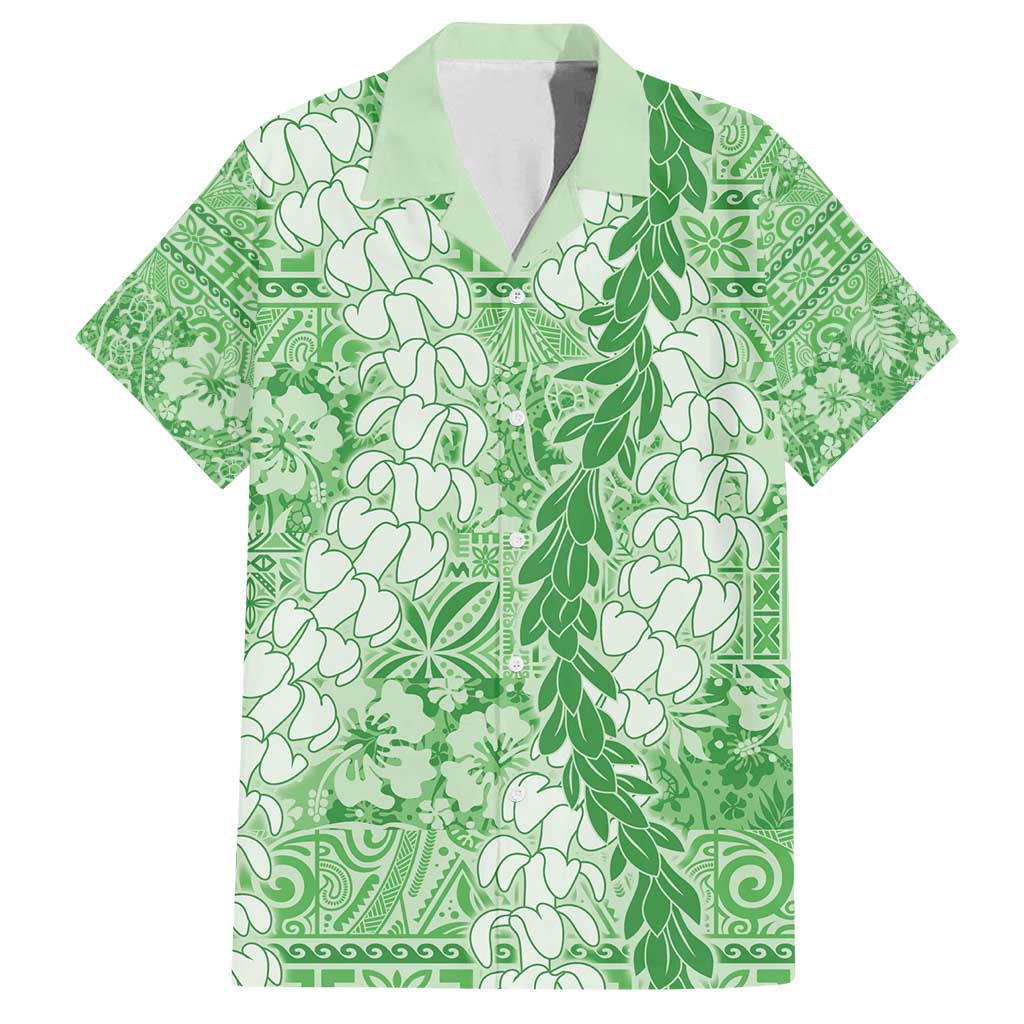 Green Puakenikeni and Maile Lei Family Matching Puletasi and Hawaiian Shirt Hawaiian Style Tribal Tapa Double Strand Lei
