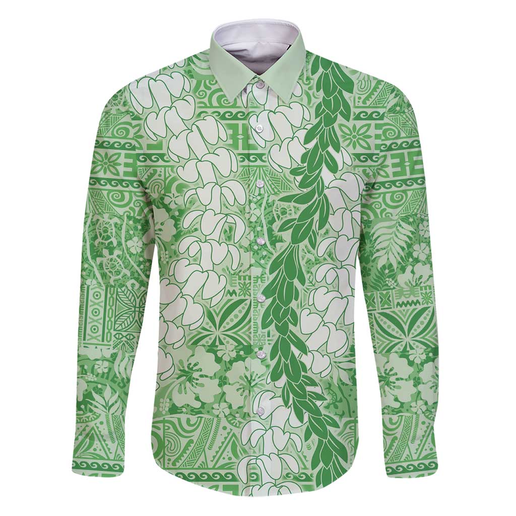 Green Puakenikeni and Maile Lei Family Matching Puletasi and Hawaiian Shirt Hawaiian Style Tribal Tapa Double Strand Lei