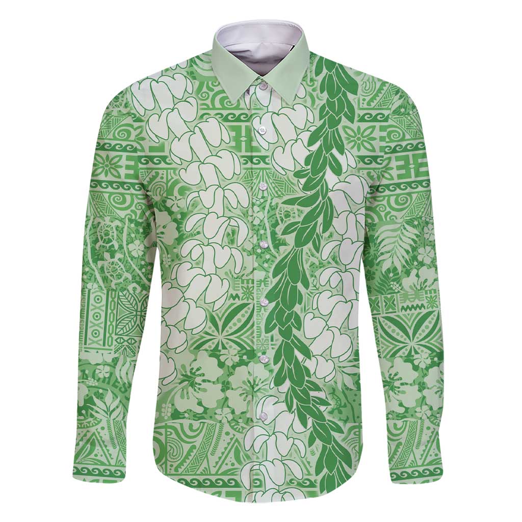 Green Puakenikeni and Maile Lei Family Matching Short Sleeve Bodycon Dress and Hawaiian Shirt Hawaiian Style Tribal Tapa Double Strand Lei