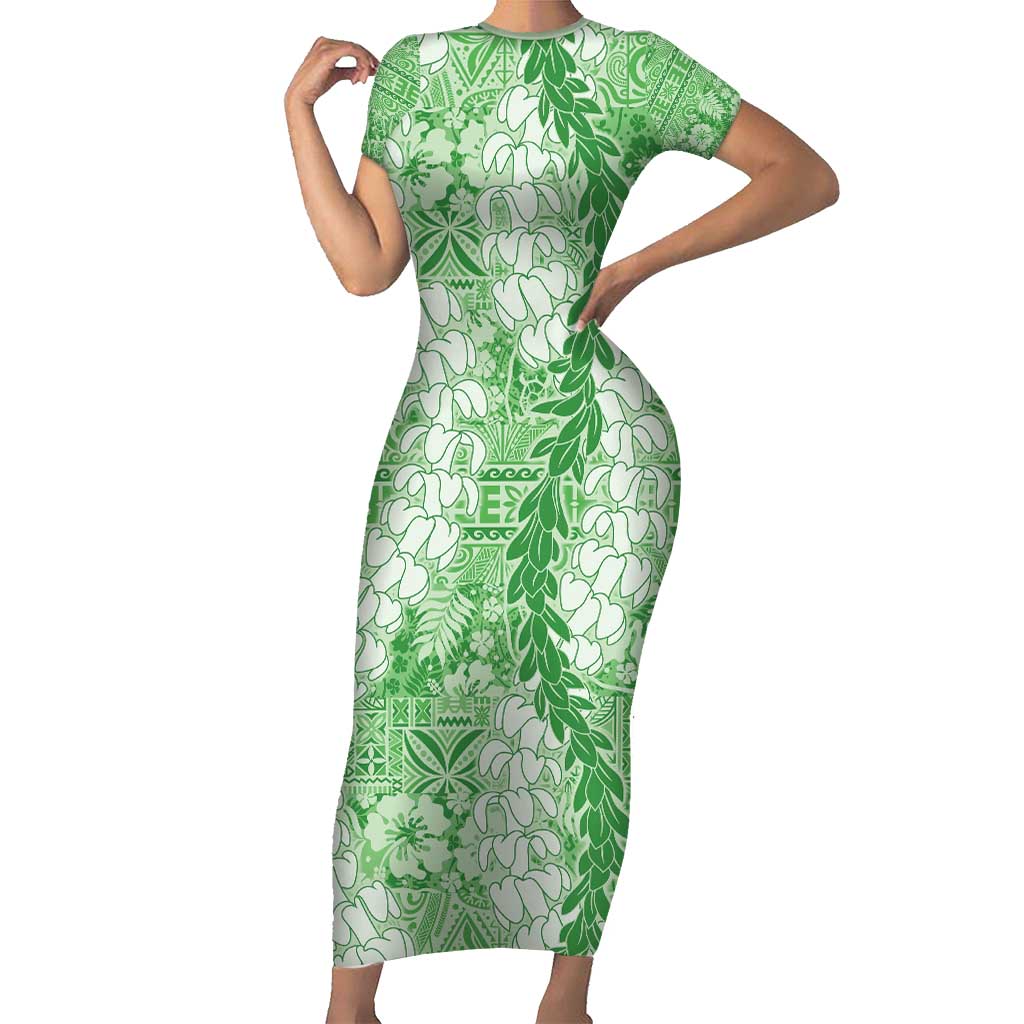 Green Puakenikeni and Maile Lei Family Matching Short Sleeve Bodycon Dress and Hawaiian Shirt Hawaiian Style Tribal Tapa Double Strand Lei