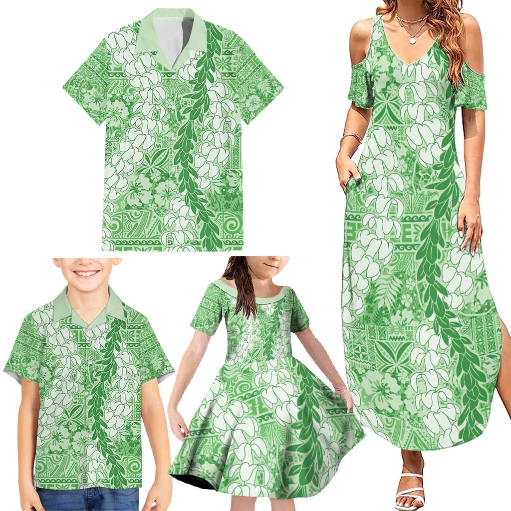 Green Puakenikeni and Maile Lei Family Matching Summer Maxi Dress and Hawaiian Shirt Hawaiian Style Tribal Tapa Double Strand Lei LT9 - Polynesian Pride
