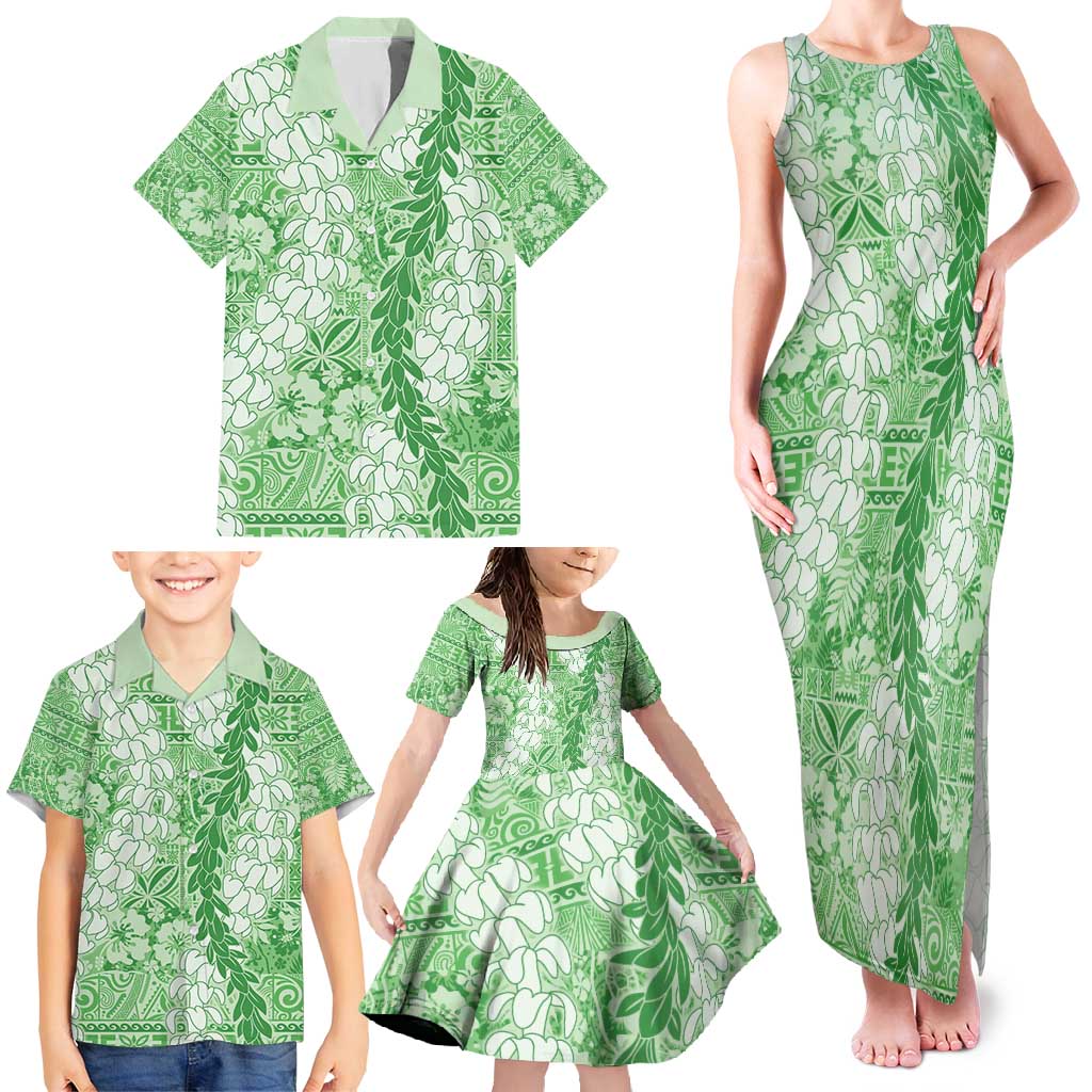 Green Puakenikeni and Maile Lei Family Matching Tank Maxi Dress and Hawaiian Shirt Hawaiian Style Tribal Tapa Double Strand Lei LT9 - Polynesian Pride