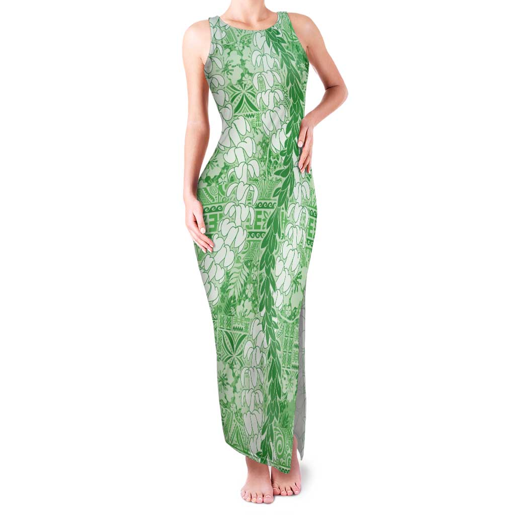 Green Puakenikeni and Maile Lei Family Matching Tank Maxi Dress and Hawaiian Shirt Hawaiian Style Tribal Tapa Double Strand Lei