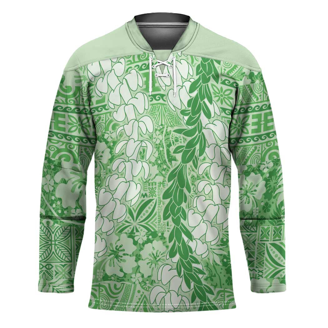 Green Puakenikeni and Maile Lei Hockey Jersey Hawaiian Style Tribal Tapa Double Strand Lei - Polynesian Pride