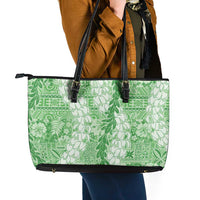 Green Puakenikeni and Maile Lei Leather Tote Bag Hawaiian Style Tribal Tapa Double Strand Lei