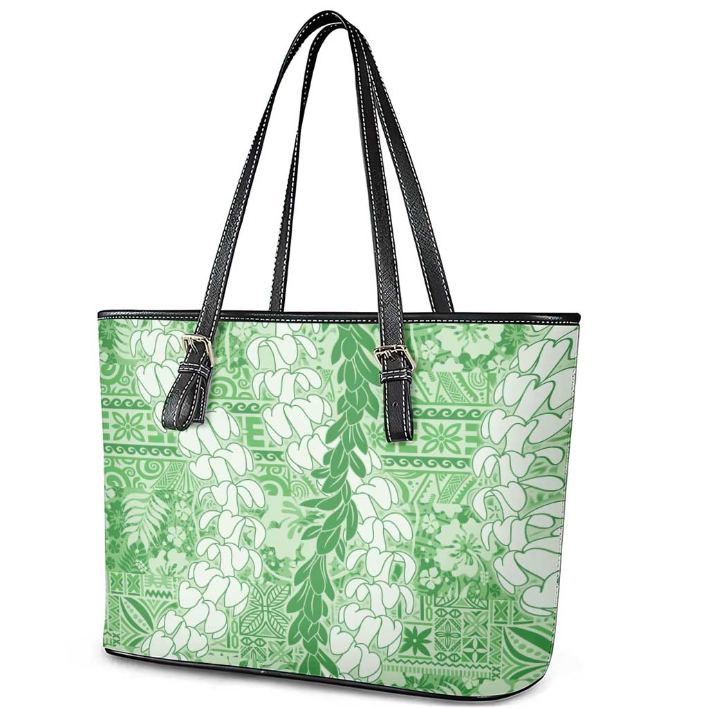 Green Puakenikeni and Maile Lei Leather Tote Bag Hawaiian Style Tribal Tapa Double Strand Lei