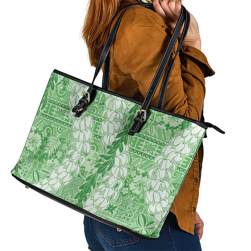 Green Puakenikeni and Maile Lei Leather Tote Bag Hawaiian Style Tribal Tapa Double Strand Lei