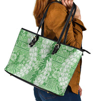 Green Puakenikeni and Maile Lei Leather Tote Bag Hawaiian Style Tribal Tapa Double Strand Lei