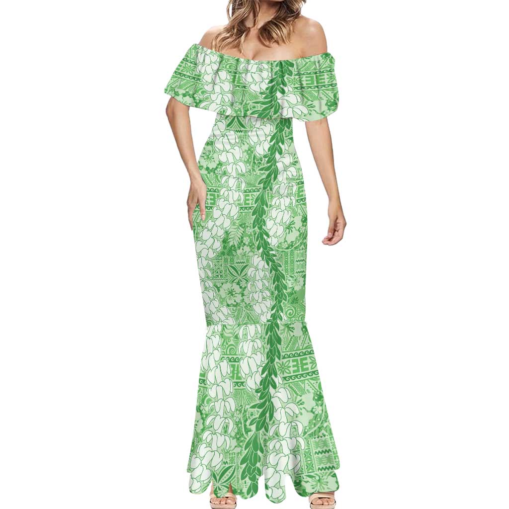 Green Puakenikeni and Maile Lei Mermaid Dress Hawaiian Style Tribal Tapa Double Strand Lei