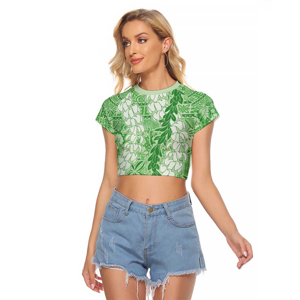 Green Puakenikeni and Maile Lei Raglan Cropped T Shirt Hawaiian Style Tribal Tapa Double Strand Lei