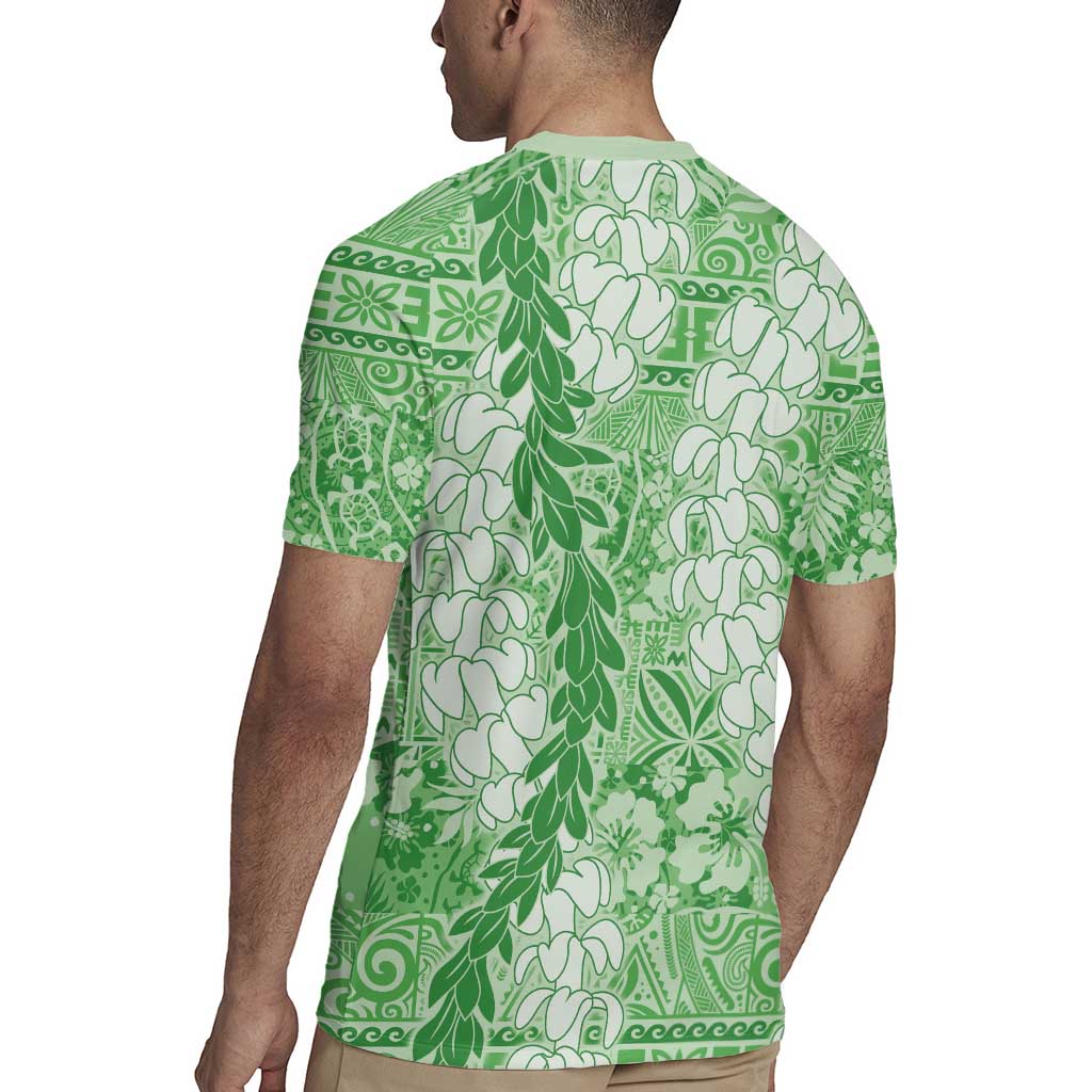 Green Puakenikeni and Maile Lei Rugby Jersey Hawaiian Style Tribal Tapa Double Strand Lei