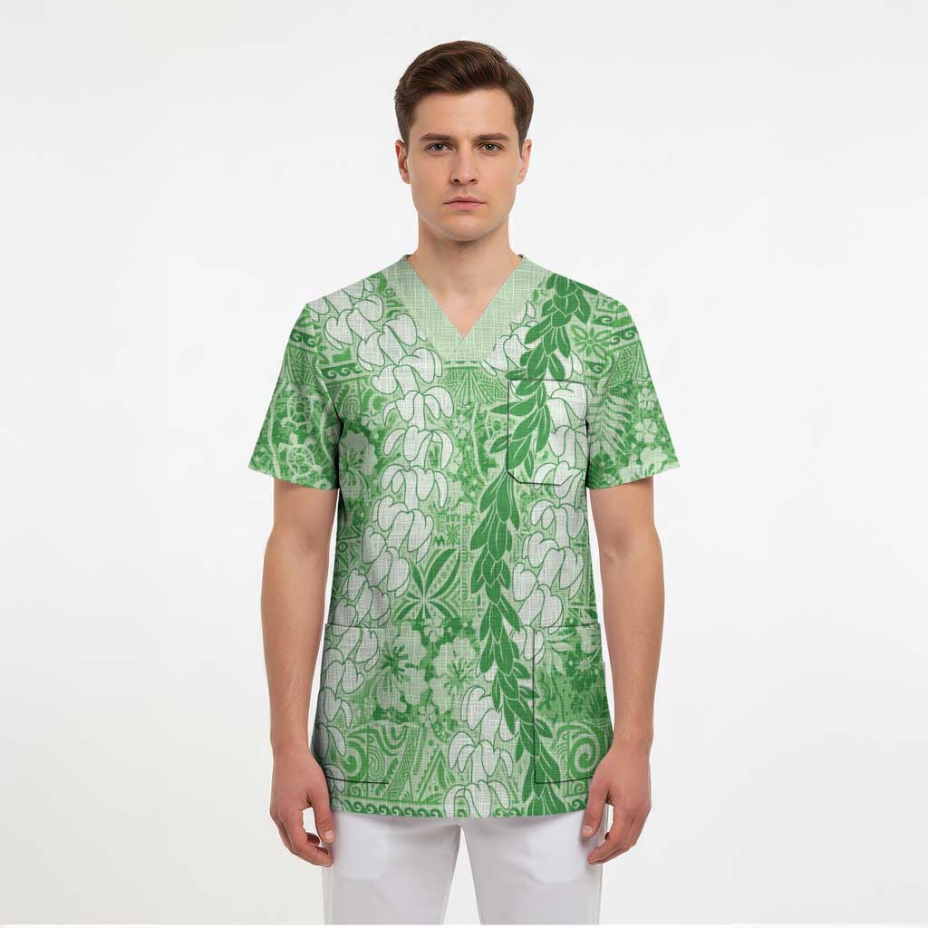 Green Puakenikeni and Maile Lei Scrub Top Hawaiian Style Tribal Tapa Double Strand Lei - Polynesian Pride