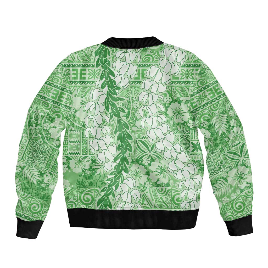 Green Puakenikeni and Maile Lei Sleeve Zip Bomber Jacket Hawaiian Style Tribal Tapa Double Strand Lei