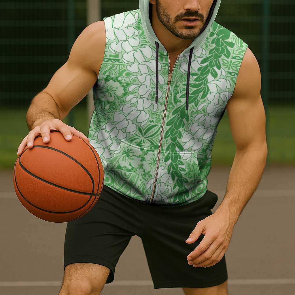 Green Puakenikeni and Maile Lei Sleeveless Zip Hoodie Hawaiian Style Tribal Tapa Double Strand Lei - Polynesian Pride