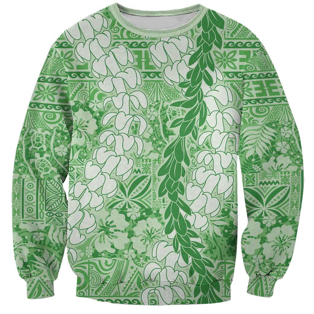 Green Puakenikeni and Maile Lei Sweatshirt Hawaiian Style Tribal Tapa Double Strand Lei LT9 Unisex Green - Polynesian Pride
