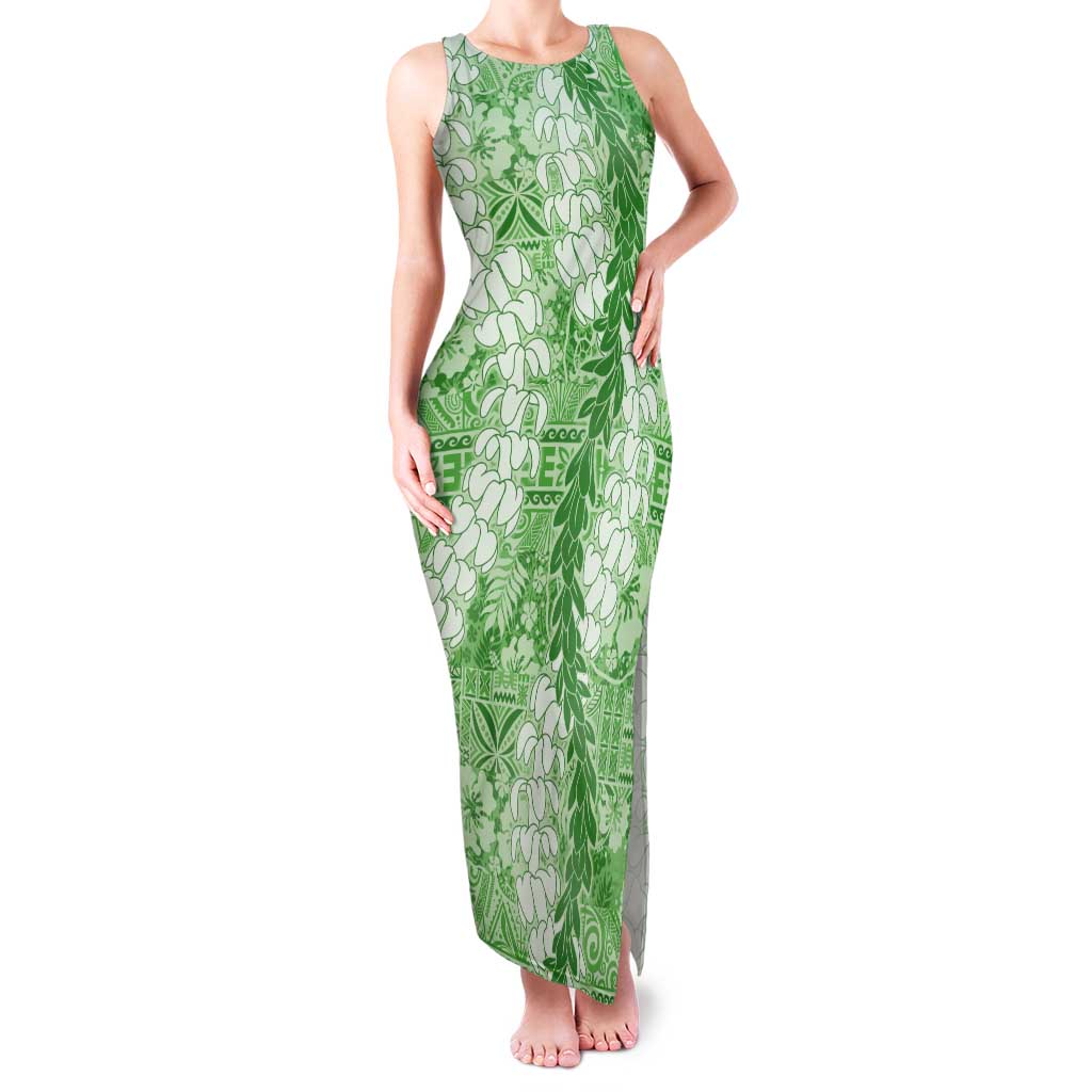 Green Puakenikeni and Maile Lei Tank Maxi Dress Hawaiian Style Tribal Tapa Double Strand Lei