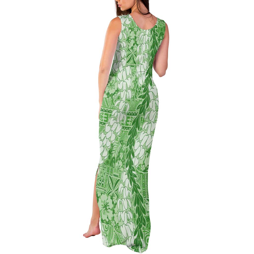 Green Puakenikeni and Maile Lei Tank Maxi Dress Hawaiian Style Tribal Tapa Double Strand Lei