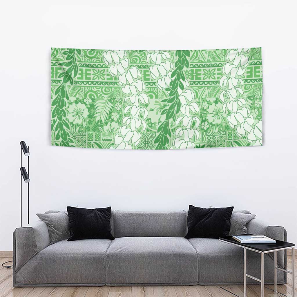 Green Puakenikeni and Maile Lei Tapestry Hawaiian Style Tribal Tapa Double Strand Lei