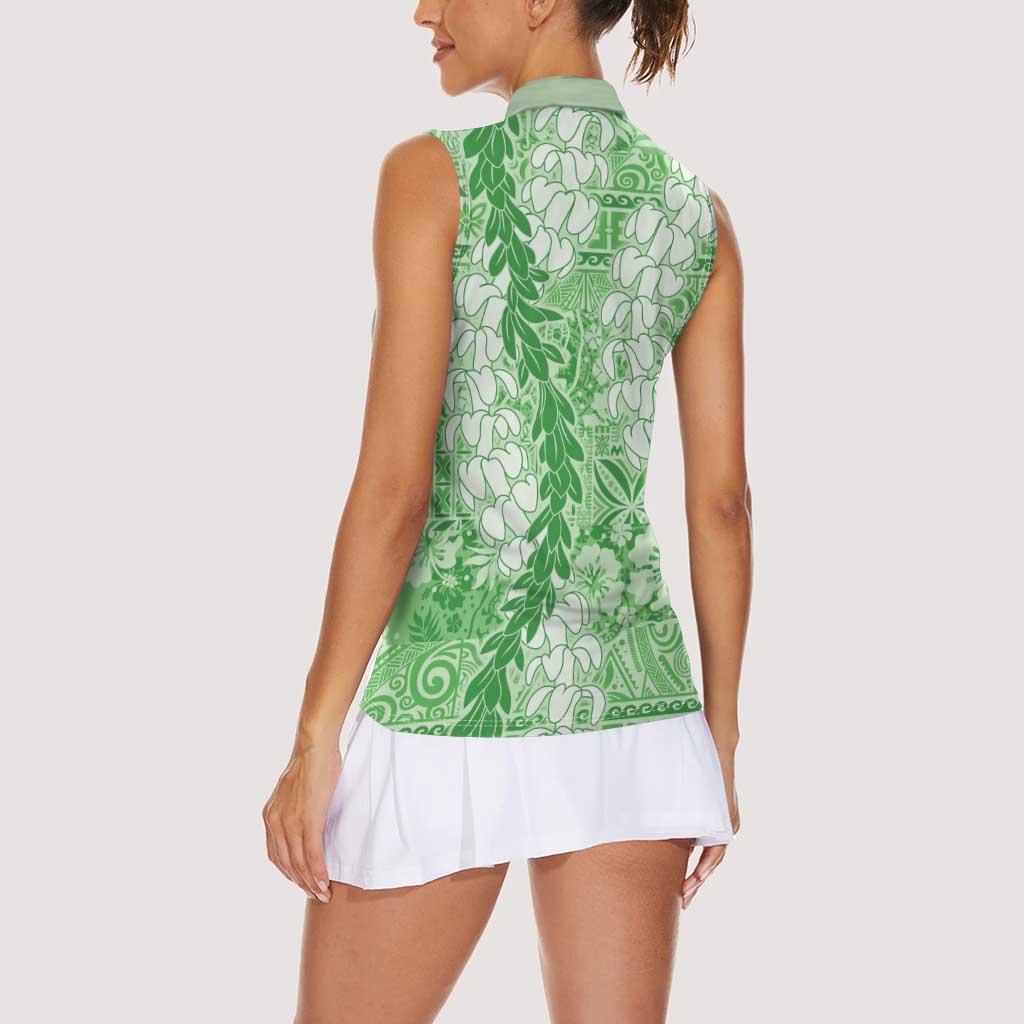Green Puakenikeni and Maile Lei Women Sleeveless Polo Shirt Hawaiian Style Tribal Tapa Double Strand Lei